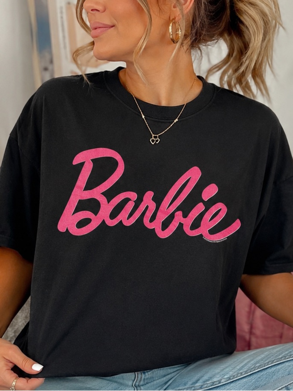 Barbie Mattel Black Pink Logo Graphic Tee Y2K Barbiecore Dollcore Shirt